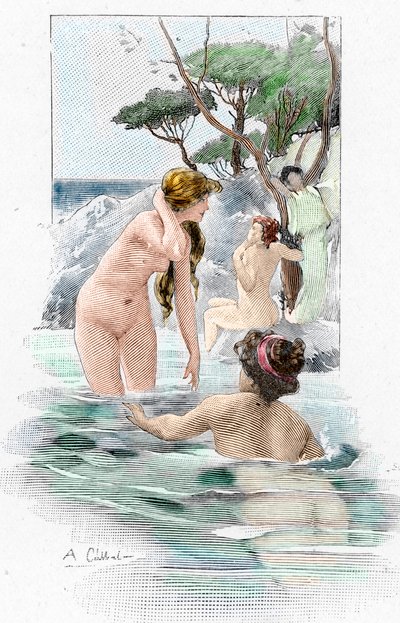 Odyssee von Homer: Nausikaa, Tochter des Königs Alkinoos, und ihre Dienerinnen waschen ihre Kleider im Fluss. Illustration von Antoine Calbet (1860-1944) für die Odyssee von Homer, 1897, Privatbesitz von Antoine Calbet