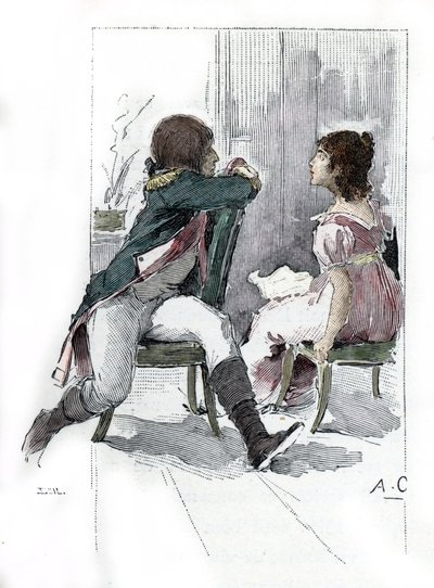 Porträt von Napoleon Bonaparte (1769-1821) mit seiner Verlobten Desiree Clary (1777-1860) ca. April 1795 (Zeichnung von Antoine Calbet aus 