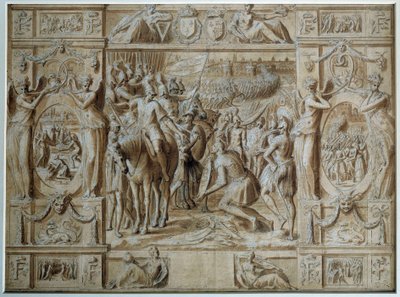 Die Unterwerfung von Mailand. Die Truppen von Franz I. eroberten die Stadt Mailand nach dem Sieg in der Schlacht von Marignano im Jahr 1515. Zeichnung in Feder und Tinte von Antoine Caron, 16. Jahrhundert Paris, Louvre Museum von Antoine Caron