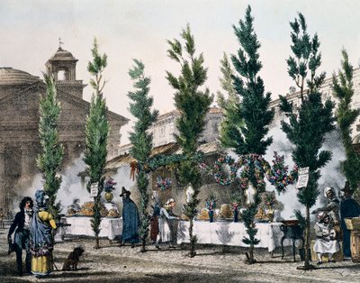 Lebensmittelfritteusen am Pantheon während des Festes von St. Joseph, Gravur von Antoine Jean-Baptiste Thomas (1791-1834) aus Ein Jahr in Rom und Umgebung, Frankreich von Antoine Jean Baptiste Thomas