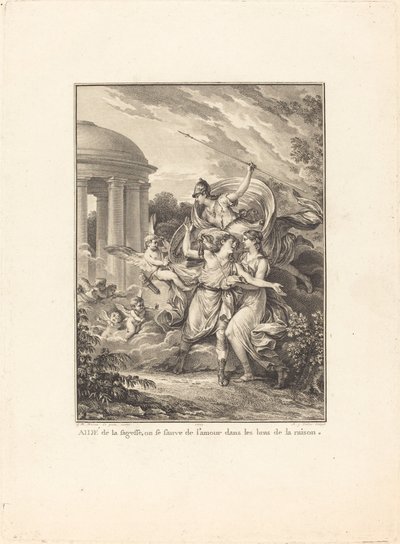 Frontispiz: Mit Hilfe der Weisheit entkommt man der Liebe in die Arme der Vernunft von Antoine Jean Duclos after Jean Michel Moreau