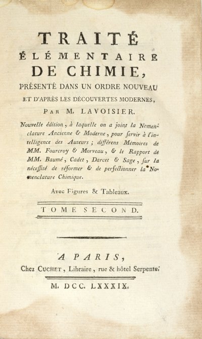 Titelseite von Traité Élémentaire de Chimie, Tome II, veröffentlicht in Paris, 1789 von Antoine Laurent de Lavoisier