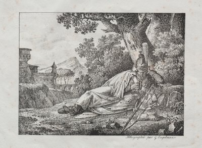 Sammlung lithografischer Versuche: Rauchender Drache am Fuße eines Baumes, 1822 von Antoine Pierre Mongin