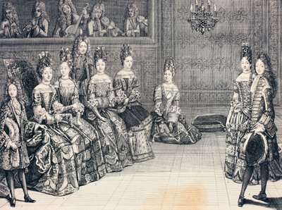 Herzog von Burgund, Herzogin von Maine, Prinzessin von Conti und Herzöge von Chartres hören Musik von Antoine Trouvain