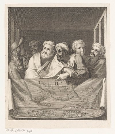 Fünf Männer mit Turban und einer mit Hut in einer Loge hinter einer Balustrade von Antoine Trouvain