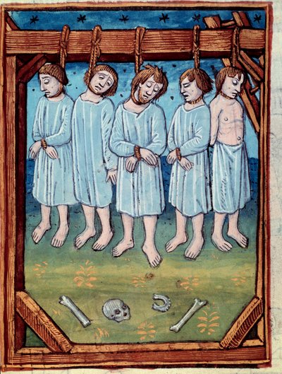 Fünf Männer gehängt. Miniatur in „Chroniken von Saint Denis“ Paris, Antoine Verard von Antoine Verard