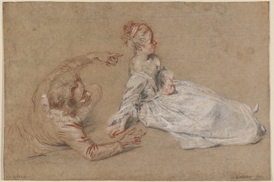 Ein liegender Mann und eine sitzende Frau auf dem Boden von Antoine Watteau