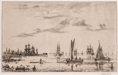 Schiffe und Boote bei ruhigem Wetter an der Küste von Anton Melbye