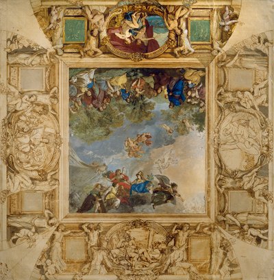 Apollo und Athena belohnen Talente und Minerva flankiert von Karyatiden und Medaillons, die Mars, Venus, Herkules und Kybele darstellen von Anton Raphael Mengs