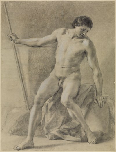 Sitzender männlicher Akt, fast frontal, Stab in der Rechten, niederblickend von Anton Raphael Mengs