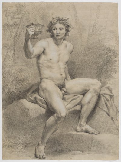 Sitzender männlicher Akt, schräg nach rechts, mit Weinlaubkranz und Trinkschale in der Rechten von Anton Raphael Mengs