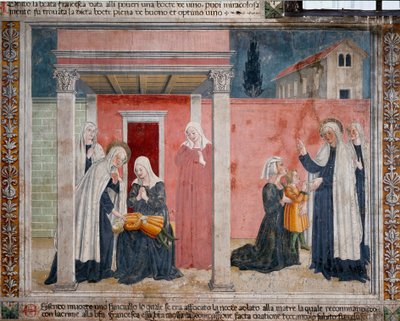 Leben der heiligen Francesca Romana (Santa Francesca Romana) (1384-1440): „Die Heilige erweckt ein ungetauftes Kind, dessen Mutter es im Schlaf versehentlich erstickt hatte“ Fresko von Antoniazzo Romano (15. Jahrhundert) 1468 Rom, Kloster der Gemeinschaft  von Antoniazzo Romano