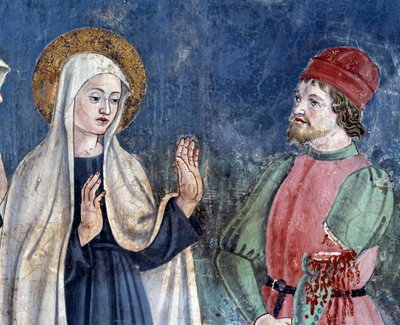 Leben der heiligen Francesca Romana: Bei ihrer Rückkehr von St. Johannes Lateran heilt die Heilige einen Mann mit einem abgeschnittenen Arm (Detail) von Antoniazzo Romano