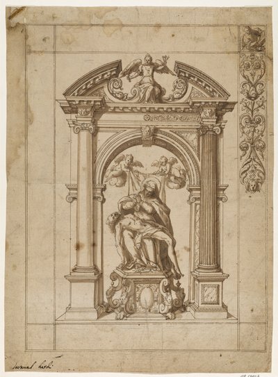 Entwurf für ein Prozessionsbanner mit einer Pietà unter einer aufwendigen Altararchitektur in Form eines Triumphbogens und Teil des Randdesigns oben rechts von Antonio Aliense