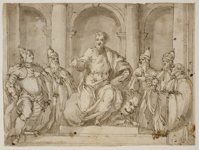 St. Markus auf dem Thron, umgeben von vier Dogen und einem Mann mit einer Dogenkappe in den Händen von Antonio Aliense