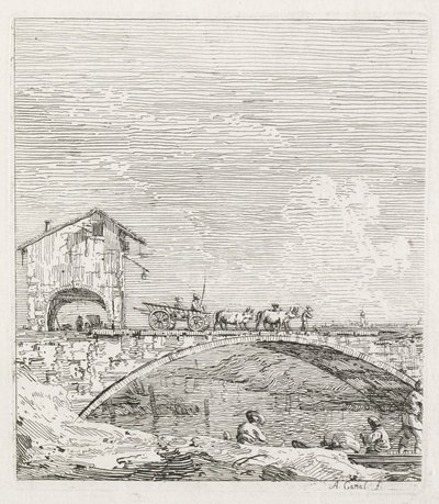 Ansichten: Ein Wagen überquert eine Brücke, 1735-1746 von Giovanni Antonio Canal