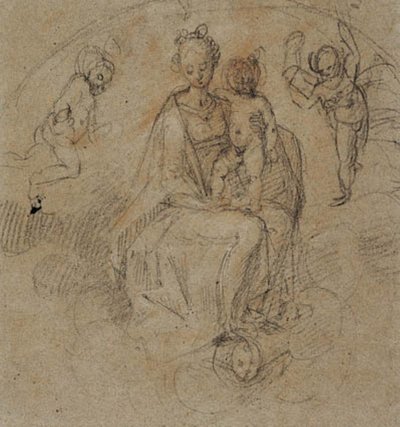 Madonna und Kind in den Wolken, flankiert von zwei Putti von Antonio Cimatori