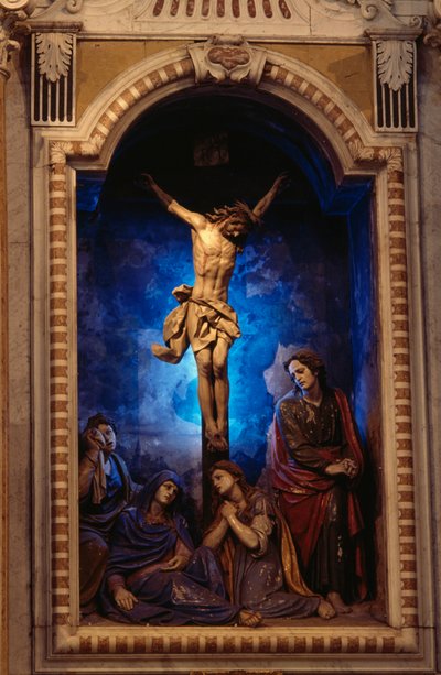 Kreuzigung, von Anton Maria Maragliano (1664-1739), Kreuzkapelle, Heiligtum Unserer Lieben Frau von Acquasanta, Acquasanta, Genua, Ligurien, Italien von Antonio Maria Maragliano