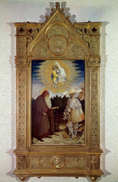Erscheinung der Jungfrau Maria vor dem heiligen Antonius Abt und dem heiligen Georg. Gemälde von Antonio di Puccio Pisano, genannt Pisanello von Antonio Pisanello