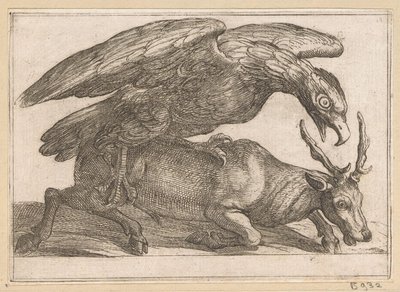 Ein großer Vogel greift ein Reh an Kämpfende Tiere (Serientitel) von Antonio Tempesta