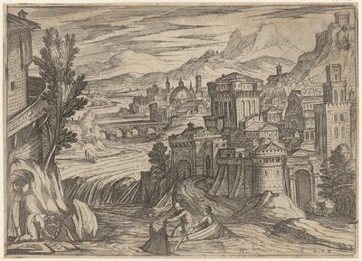 Flusslandschaft mit einer Stadt rechts und einem Fischerboot im Vordergrund von Antonio Tempesta