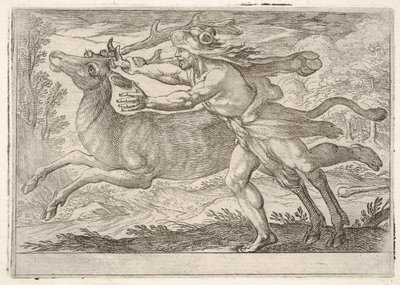 Herkules und die Hirschkuh vom Berg Cerynea: Herkules schreitet neben der Hirschkuh und greift nach den..., 1608 von Antonio Tempesta