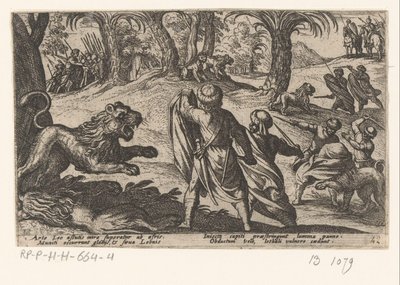 Löwenjagd (Serie: Verschiedene Jagd- und Kampfszenen, Venationes Ferarum, Avium, Piscium Pugnae bestiariorum: et mutuae bestiarum) von Antonio Tempesta