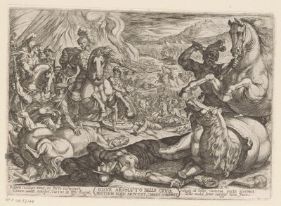 Josua lähmt die Pferde und verbrennt die Wagen der Völker (Iosue absoluto bello crura hostium equis amputat, currus comburit, Alttestamentliche Kampfszenen) von Antonio Tempesta