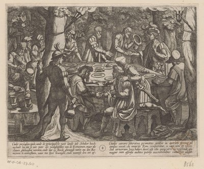 Julius Civilis erzählt den niederländischen Ältesten, dass sie von den Römern wie Sklaven behandelt werden Der Bataverkrieg gegen die Römer (Serientitel) Batavorum cum Romanis Bellum (Serientitel) von Antonio Tempesta