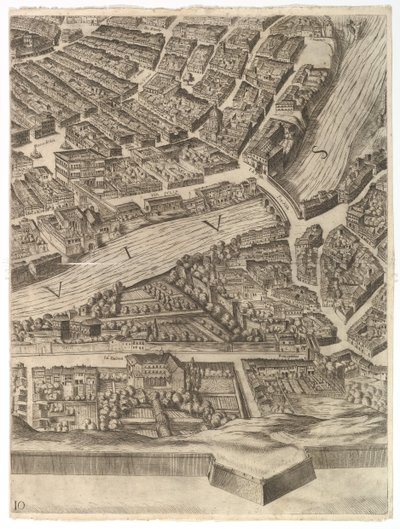 Plan der Stadt Rom. Teil 10 mit dem Tiber und der Villa Farnesina von Antonio Tempesta