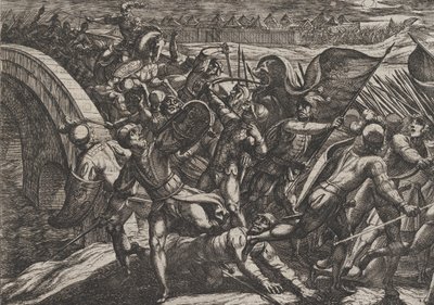 Tafel 27: Die Niederländer während eines Überraschungsangriffs auf das römische Lager an der Mosel, aus The Wa..., 1611 von Antonio Tempesta
