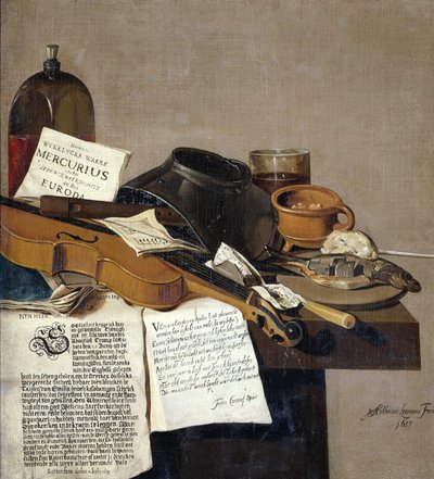 Stillleben mit Flugblättern, einer Violine, Flöte, Essen und Flugblättern von Antonius Leemans