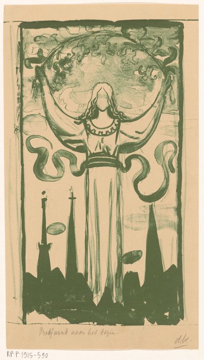 Frauenfigur, die einen Zweig mit Blumen über ihrem Kopf hält von Antoon Derkinderen (signed by artist)