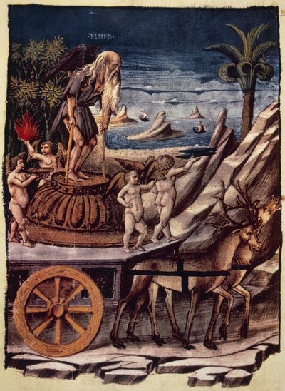 Der Triumph der Zeit, der Wagen der Zeit wird von Hirschen gezogen, Miniatur von Apollonio di Giovanni (1415 oder 1417-ca 1465) aus Triumphs, allegorisches Gedicht von Francesco Petrarca (1304-1374), Manuskript 1129, Folio 42, verso, Italien von Apollonio di Giovanni di Tommaso