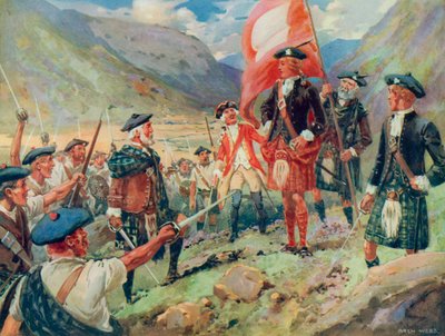 Das Hissen der Standarte, Bonnie Prince Charlie landet 1745 in Schottland von Archibald Bertram (after) Webb
