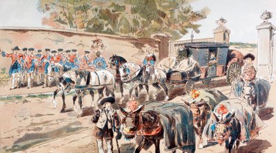 Eine Postkutsche, die einen ummauerten Hof betritt und zwischen einer Band und einem Eselzug hindurchfährt von Armand Jean Heins