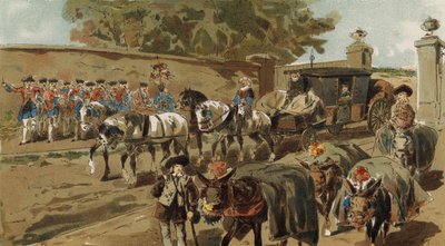 Beladene Esel und Postkutsche, Österreichische Niederlande, 18. Jahrhundert von Armand Jean Heins