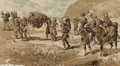 Sänfte, Träger und beladene Packesel, Zeit der Kreuzzüge, 11. Jahrhundert von Armand Jean Heins