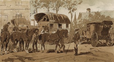 Postkutsche, Kutsche des königlich niederländischen Kurierdienstes und Kutsche, Niederlande, 19. Jahrhundert von Armand Jean Heins