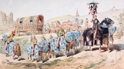 Adlige in einer von Trompetenspielern begleiteten Kutsche im 13. Jahrhundert von Armand Jean Heins