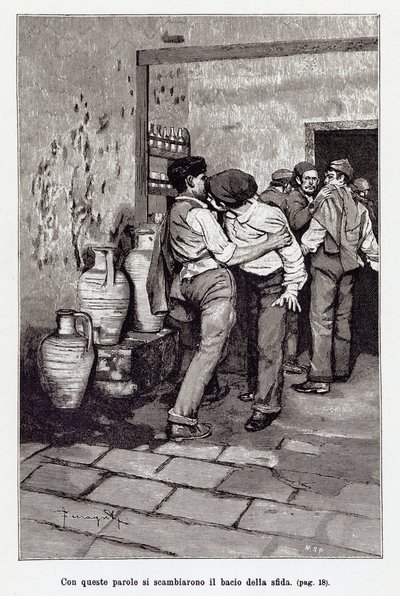 Einladung zum sizilianischen Duell durch den tödlichen Kuss, tatsächlich ein Biss ins Ohr. Illustration von Arnaldo Ferraguti für die neue Cavalleria Rusticana von Giovanni Verga. 1897 von Arnaldo Ferraguti