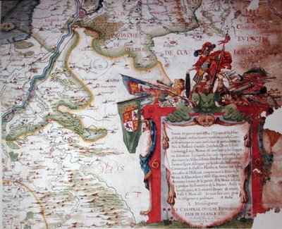 Kartusche mit einer Widmung an Kardinal Richelieu (1585-1642) und eine Karte der Niederlande zur Zeit des Dreißigjährigen Krieges (1618-48), aus 