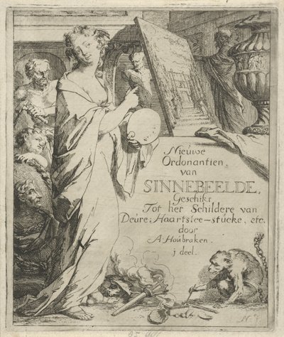 Frauenfigur mit Palette, die auf ein Gemälde zeigt von Arnold Houbraken