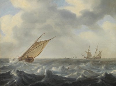 Ein Fischkutter und ein Zweimaster in stürmischer See nahe einer Küste von Arnoldus van Anthonissen