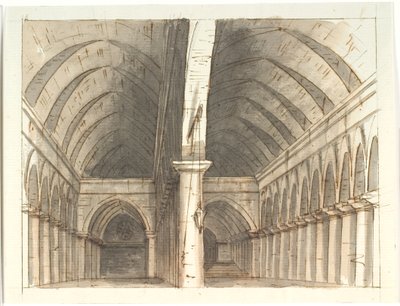 Innenraum des Erdgeschosses einer Kirche (?) mit Säulen und Gewölben von Aron Wallick