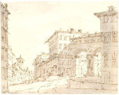 Italienische Straßenszene mit Kirche links und Portal rechts von Aron Wallick