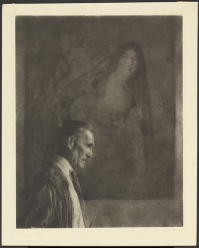 Mann mit kleinem, gepflegtem Schnurrbart im Profil vor einem Gemälde einer Frau in spanischem Kostüm von Arthur F. Kales