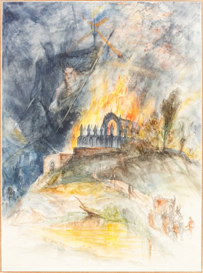 Ein kirchliches Gebäude in Flammen mit Dämonen darüber von Arthur Frederick Payne
