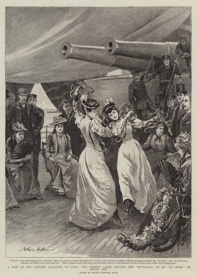 Ein Besuch des Kanalgeschwaders in Cadiz, zwei spanische Damen tanzen die Sevillana bei einem Empfang an Bord des Schiffes von Arthur Hopkins