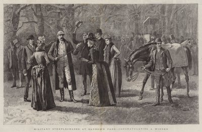 Militärische Hindernisrennen im Sandown Park, einen Gewinner beglückwünschend von Arthur Hopkins